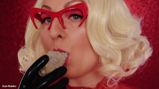 Mukbang ASMR: Eating Chewing Chocolate Car - Latex blonde close up video mouth fetish