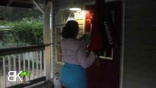 The Nosey Neighbor gets tied up, gags on cock and gets DOUBLE STUFFED in dungeon!