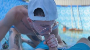 A man fucks a young cleaner in the pool and cums in the ass