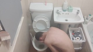 Skinny teen Having fun in bathroom pissing in toilet and putting his head inside of it