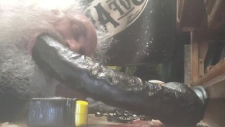 Practicing solo producing extreme dildo