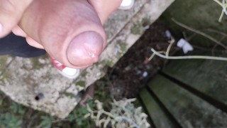 Uncut cock cumshot from a bridge close up