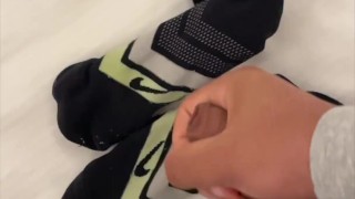 Boy is shooting load on his socsk!