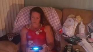 Nerdy Girl Smoking Cigarettes In Mini Skirt Playing Video Games 