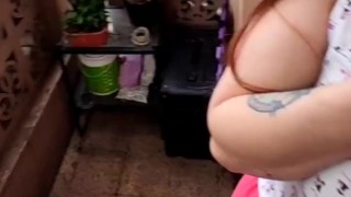 Cute girl does pee in her shorts and made a double waterfall