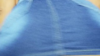 Ass brunette dancing in denim skirt