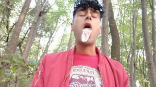 Playing with cruiser´s used condom in mouth and eating his cum after cruising