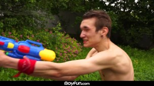 Gorgeous Twink Boys Enjoy Squirt Guns Which Leads To Their Dicks Squirting In This Gay Threesome