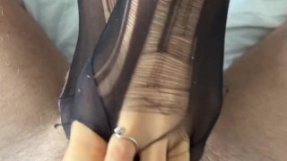 Very hot footjob in torn stockings and cum in stockings and on feet