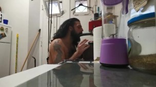 Chubby hairy guy jerking off in the kitchen after his coffee and made a mess with his load