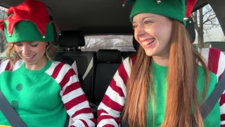 Nadia Foxx & Serenity Cox as Horny Elves cumming in drive thru with remote controlled vibrators / 4K
