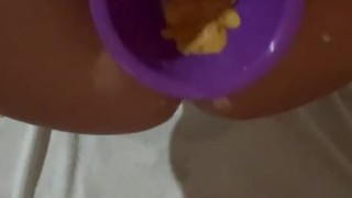 Making breakfast in my pussy with a lot of milk and cereals.squirting all the milk inside my pussy