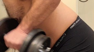 MUSCLE BEAR GETS IN ARM WORKOUT BEFORE SHOWER!