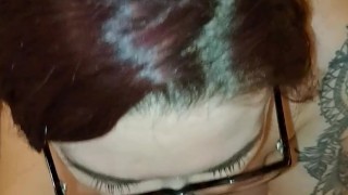 Getting a lovely POV Blowjob from Pregnant MILF Wife ends in Glasses Facial