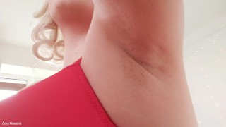 Female Domination Video: Mistress in red lingerie teasing by sweaty armpits