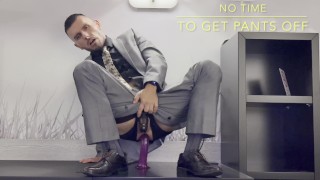 Man in suit and tie has sex on the office desk and male anal orgasm. Men is squirting like a girl