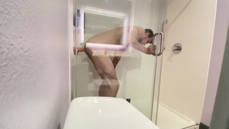 Straight guys first time riding his big white dildo in hotel shower