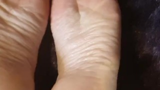 foot job and wank over amateur MILF wifes feet with cum shot