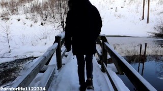 Risky public deepthroat blowjob in beautiful winter landscape