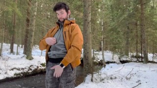 Hot twink jerking of next to the river, cumming!
