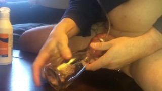 Huge cock sucked in to little glass vase vacum makes him cum