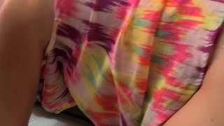 Husband watches how wife is having fun with her toy