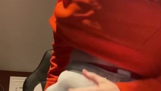 Long haired twink pulls out monster cock