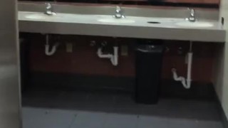 horny hairy trucker masturbates into truck stop urinal
