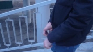 guy jerking off cock on the bridge. extreme
