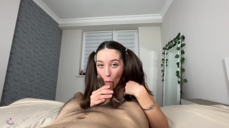 Pigtailed Cutie Amazing Suck Big Dick Blow Balls And Hairjob On Bed - teen Cum Swallow POV