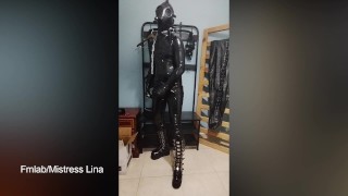 Full encasement rubber slave masturbate and cum with gas mask breathplay