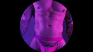 muscular guy in stockings, thong and mask fucks himself with a big dildo