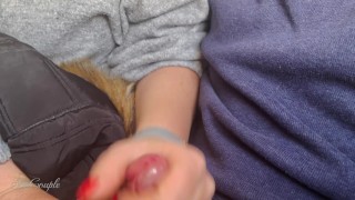 Very sloppy Handjob and Blowjob in a plane - so risky in public