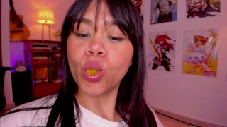 Lila Jordan swallows a yellow gummy bear, Giantess Vore fetish