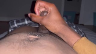 Black Dick Stroking And Cumshot While Kickback Going On Downstairs