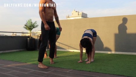 Doing YOGA with Booty White and her teacher, threesome on the terrace.
