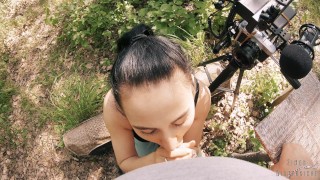 Black Lynn Sucks me and Swallows my Cum - Outdoor Blowjob Filming Backstage - POV