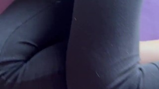 I hear her wake up and I hurry to put my cock in her mouth to cum on her leggings