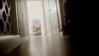Horny, straight guy, masturbates in corridor as family watch TV. Big cock jerked to cumshot