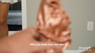 Step Mom caught Step Son jerking off with her panties and help him to cum quick