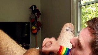 Hairy tattooed guy jerks off big cock, fingers tight little asshole, cums on chest, eats cum