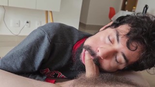 BEARDED BOY MAKING BREAKFAST SUCKING HUSBAND'S BIG DICK