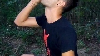 Eating own cum from glass public