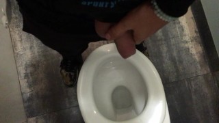 Fat cock with fat balls pissing at the shopping mall