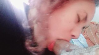 my soft mouth slides on the dick popping deep inside with him exploding my throat with creampie