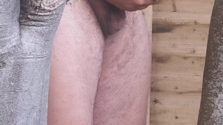 Secret morning wank with uncut cock behind a tree so the neighbours couldn't see