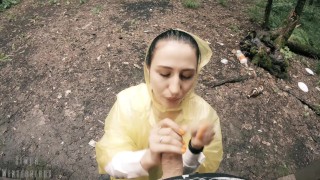 Black Lynn in Yellow Raincoat Sucking Cock in the Woods - Public Blowjob and Cum in Mouth