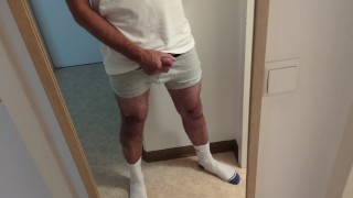 horny guy in white socks jacking off his cock, loud moaning