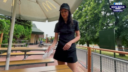 Risky public sex in the toilet. Fucked a McDonald's worker because of spilled soda! - Eva Soda