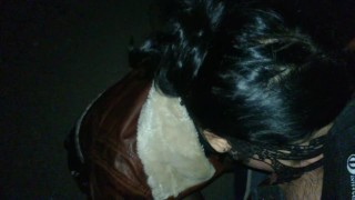 Leather jacket public blowjob